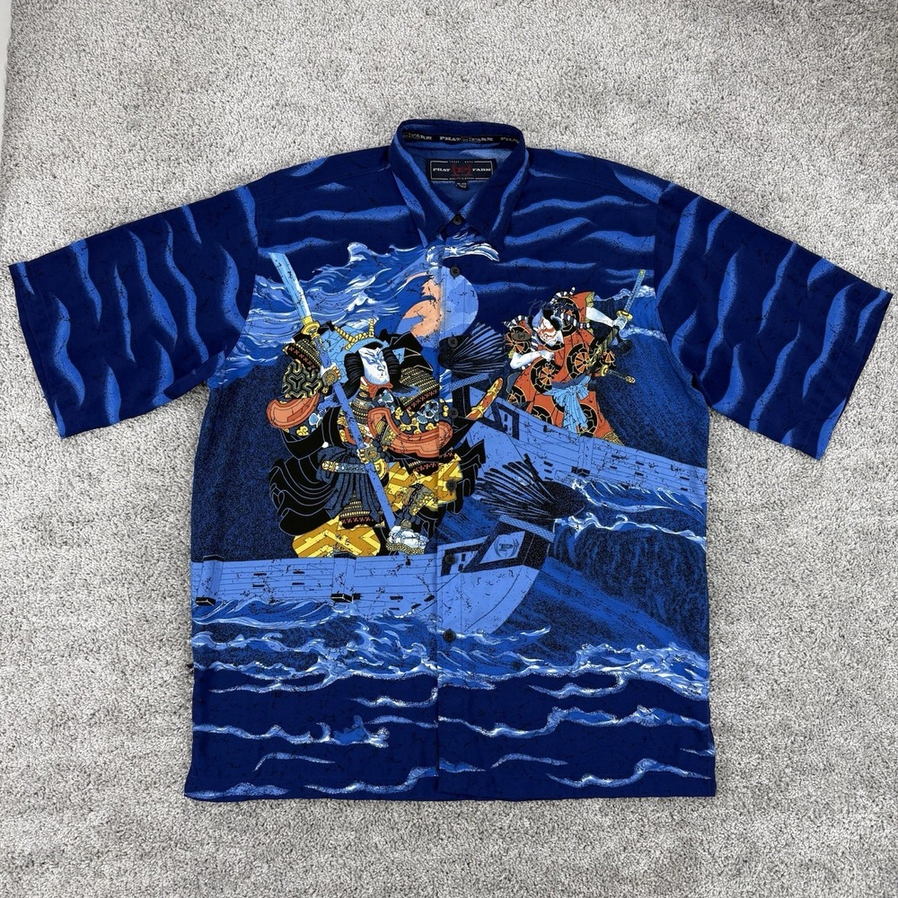 Phat Farm Shirt Men's XL Blue Vintage Y2K Oriental Samurai AOP Camp